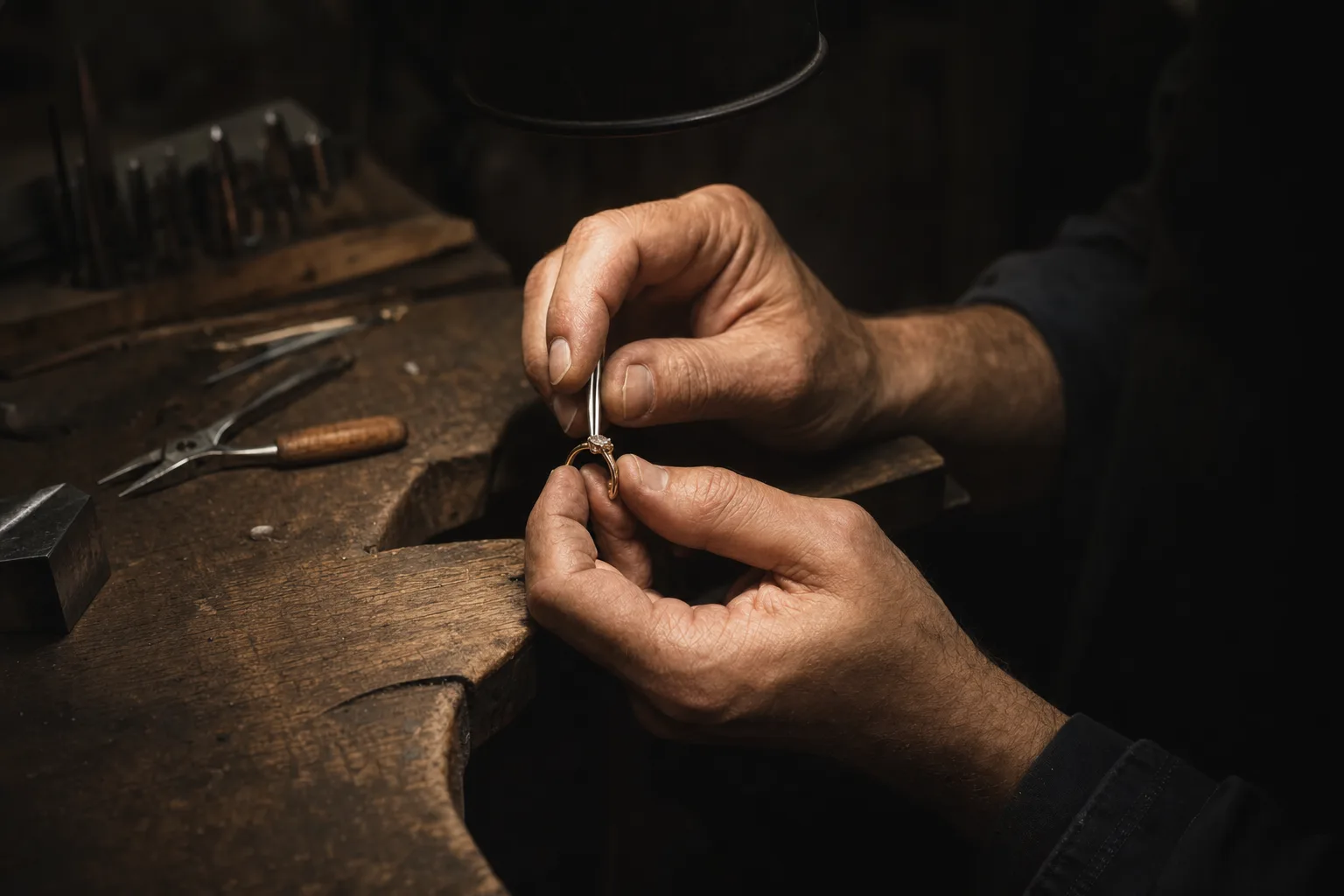 A jeweller's hands setting a gemstone into a gold ring at a traditional workbench