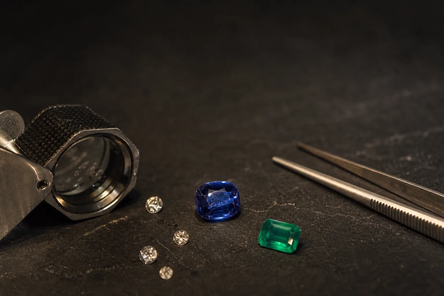 Loose sapphire, emerald, and diamonds arranged for inspection with a loupe and tweezers