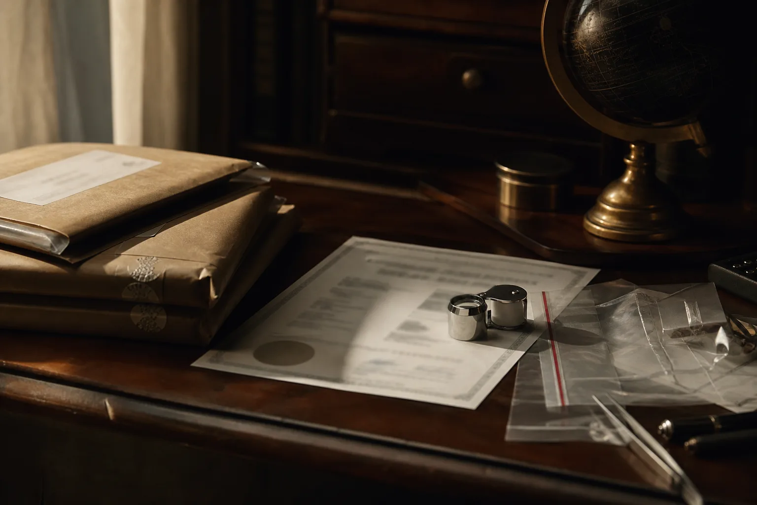 Sealed parcels, gemological documents, a loupe, and a brass desk globe in a private trading office